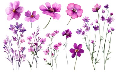 Set of pink and purple wildflowers, watercolor clipart with a white background.