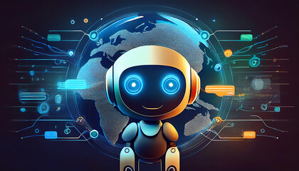 Cute cartoon robot with glowing eyes, digital background, futuristic design.
