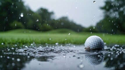 A golf ball is seen in the rain on an overcast day