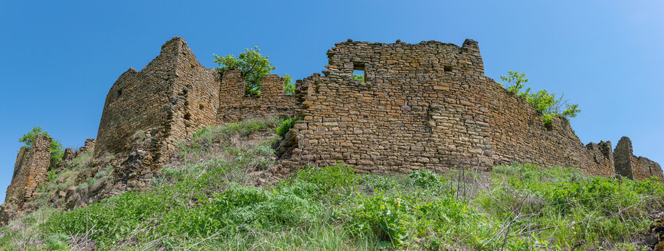 Panorama of the walls of the abandoned village of Kala-Koreish (capital of the Kaitag district), Dagestan, Russia