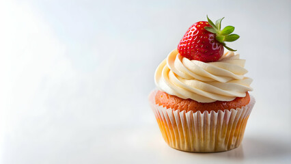 Strawberry cupcake with fresh strawberry on top against white background, strawberry, cupcake, dessert, sweet, delicious, baked