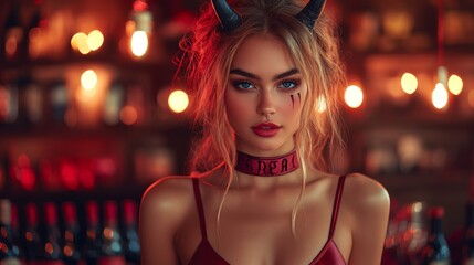 Fototapeta premium Dark Fantasy Demon Cosplay with Horns and Gothic Aesthetic in Red and Black