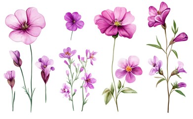 Set of pink and purple wildflowers, watercolor clipart with a white background.