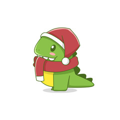 Cute cartoon dino is wearing christmas clothes and celebrating christmas and new year 