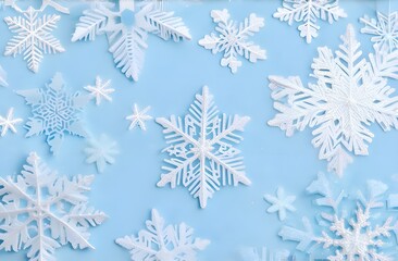 christmass frame for text, copyspace, white snowflakes on blue background