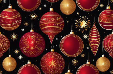 pattern for wrapping paper, dark background, decorations multicolored red gold balls stars, christmas
