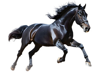 Black horse running gallop isolated on transparent background