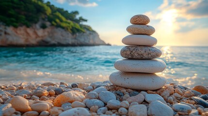 Stones are meticulously stacked along a peaceful beach at sunset, showcasing harmony against the backdrop of a sparkling sea and cliffs