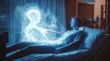 Naklejka premium A man lies in a hospital bed while a glowing, ethereal figure hovers above him, symbolizing a profound connection between life and the unknown