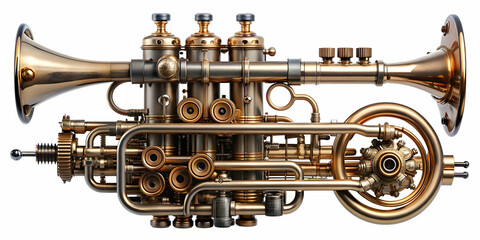 Obraz premium Unusual steampunk trumpet with intricate tubes and valves , steampunk, trumpet, music, instrument, vintage, retro, bronze