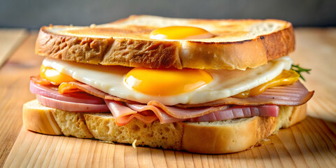 Sandwich with fried egg, juicy ham slices, and melted cheese on toasted bread, breakfast, brunch, delicious, tasty