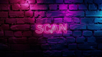 Video footage of Pink glowing Scan text, typography neon on brick wall background. Looped Neon abstract Lines. - Powered by Adobe