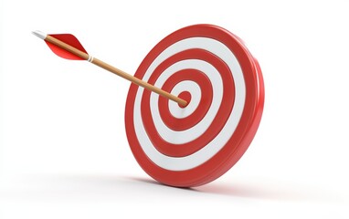 White arrow hit the center of the red target 3d icon cartoon style floating isolated on white background