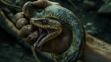 Fototapeta premium A person holds a stunning snake in their hand, showcasing the unique patterns and colors while surrounded by greenery in a serene forest setting