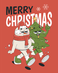 Merry Christmas and Happy New Year greeting card with cute cartoon characters. Christmas tree and snowman in retro groovy style. Vector illustration.