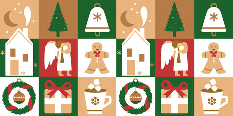 Christmas Geometric seamless pattern bright with festive elements , trees, angels, bells .Fashionable colorful pattern for textiles and wallpapers.  vector illustration