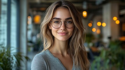 Young Woman with Glasses Smiling in a Modern Office