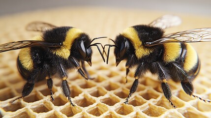 Two bumblebees interacting on a honeycomb, showcasing their vibrant yellow and black fur, a symbol of nature's beauty and pollination.