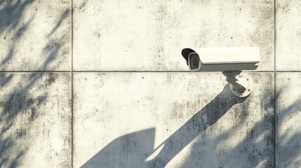 A modern security camera is mounted on a concrete wall outdoors. This image was created using computer graphics.