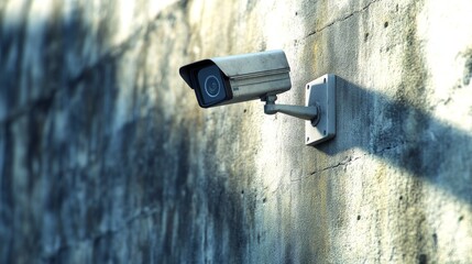 A modern security camera is mounted on a concrete wall outdoors. This image was created using computer graphics.