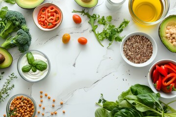neat flatlay arrangement vegan food products white marble kitchen counter Include tofu quinoa almond milk fresh herbs legumes surrounded slices avocado colorful bell peppers fresh greens minimalist de
