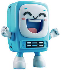 Cute 3D character icon of a full-body PC computer with arms and legs, standing next to a product stand,