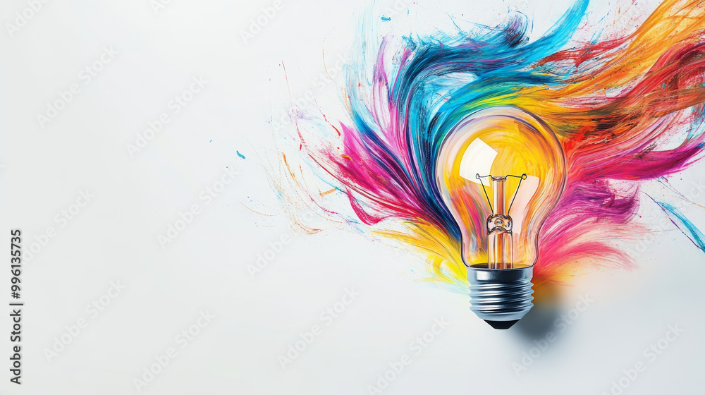Sticker simple light bulb with swirling colorful lines around it creates vibrant and dynamic visual. interpl