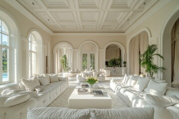 Spacious living room with white sofas. Perfect for home decor, interior design, and luxury lifestyle projects.