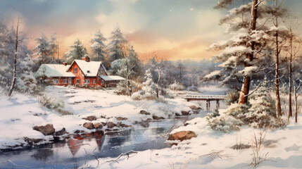 Fototapeta premium Watercolor of a snowy Christmas landscape