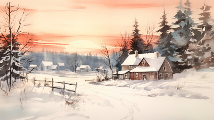 Obraz premium Watercolor of a snowy Christmas landscape