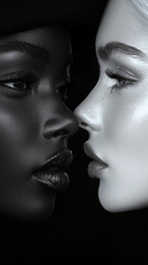 Two women's faces. Black and white photograph. Posed in profile against a dark background, a close up portrait with high contrast
