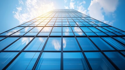 Upward view of a modern glass skyscraper against a bright sky