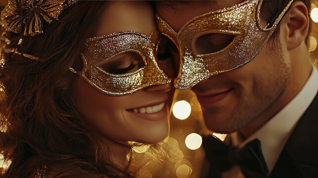 Couple wearing elegant masks at a masquerade ball with soft lighting