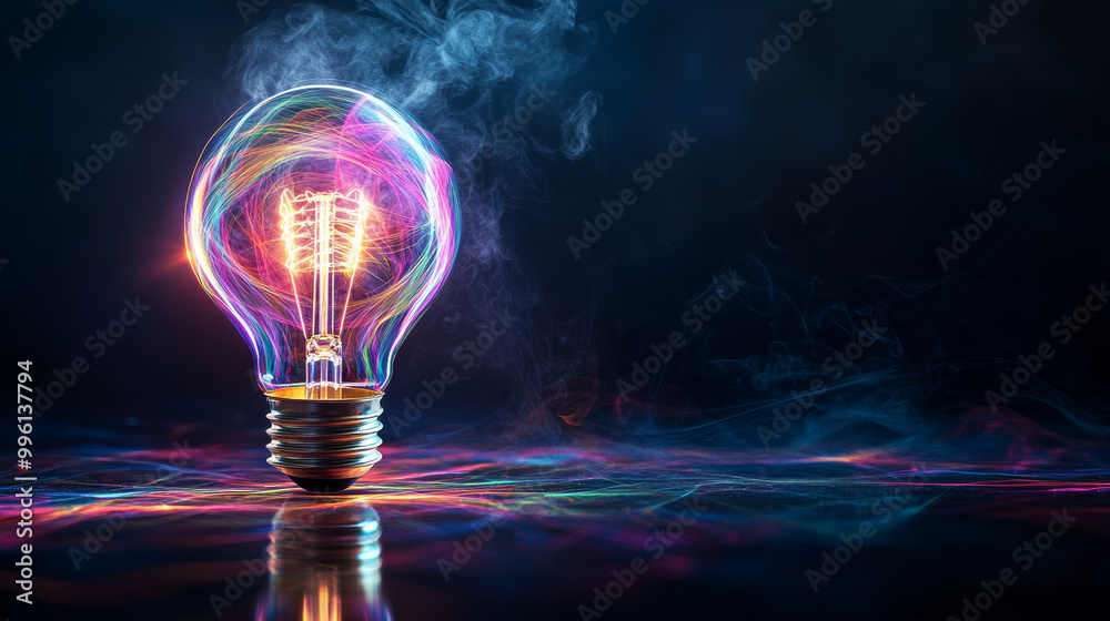 Canvas Prints glowing light bulb surrounded by swirling colorful lines and smoke creates mesmerizing visual effect