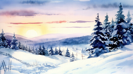 Obraz premium Watercolor of a snowy Christmas landscape