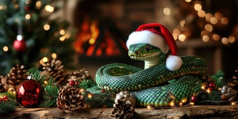 Obraz premium Green wooden snake 2025. Happy new year and marry christmass. 