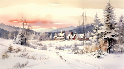 Obraz premium Watercolor of a snowy Christmas landscape