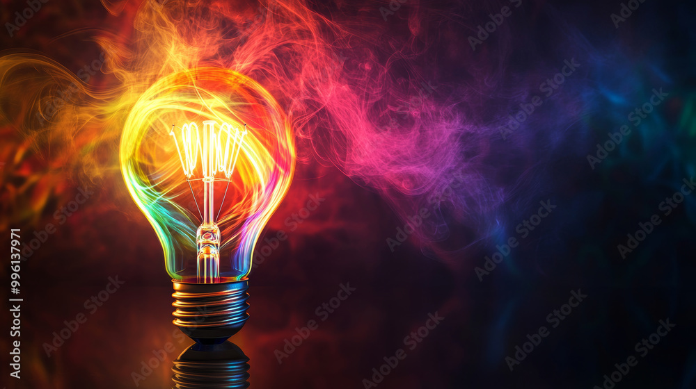 Sticker vibrant light bulb surrounded by swirling colorful lines and smoke creates mesmerizing visual effect