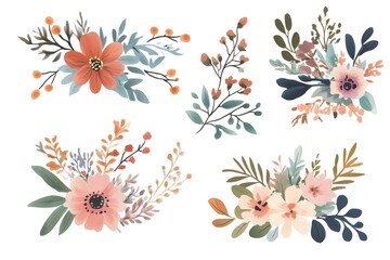 Set of watercolor flower bouquets, clipart isolated on a white background, in pastel colors,