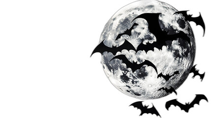 A group of bats flying across a full moon isolated on a plain white background