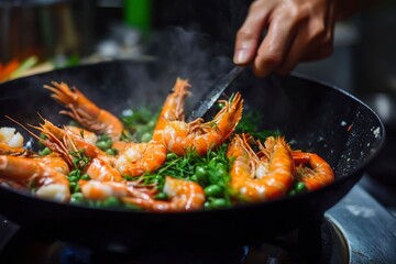 Fototapeta premium Seafood, Professional cook prepares shrimps with sprigg beans. Cooking seafood, healthy vegetarian food and food on a dark background. Horizontal view. Eastern kitchen with generative ai