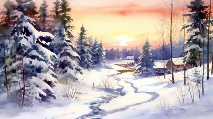 Watercolor of a snowy Christmas landscape