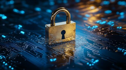 A golden padlock is placed on top of an intricate circuit board, symbolizing the security associated with data protection in digital systems