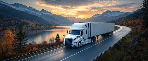 White truck with a cargo trailer is driving on the highway along a lake, mountains, and a forest in autumn at sunset