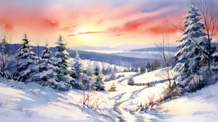 Fototapeta premium Watercolor of a snowy Christmas landscape