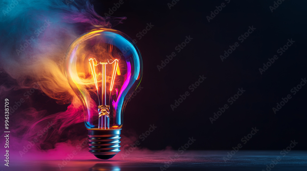 Poster simple light bulb with swirling colorful lines around it creates vibrant and dynamic visual effect. 