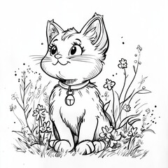 Obraz premium Black and white line art picture for a children's coloring book with a cute cat.