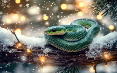 Fototapeta premium Green wooden snake 2025. Happy new year and marry christmass. 