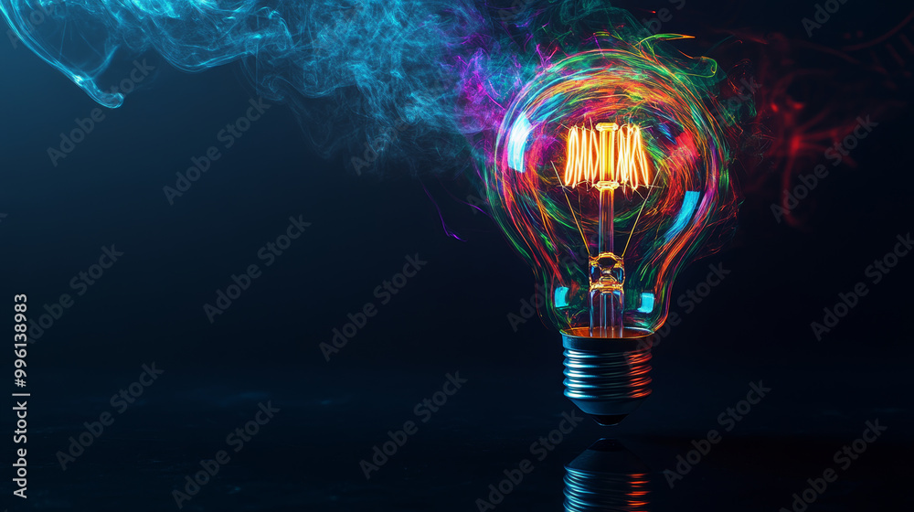 Wall mural simple light bulb with swirling colorful lines around it, creating vibrant and dynamic visual effect