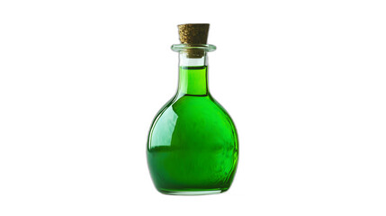 A witches potion bottle with glowing green liquid isolated on a plain white background